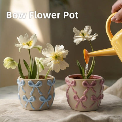 Yokiiimakiii Ceramic Flower Pots for Indoor and Outdoor Plants, Succulent Orchid Round Clay and Terracotta Planter for Garden Home Modern Decoration 5.3 Inch (Pink Bow, Without Saucers)