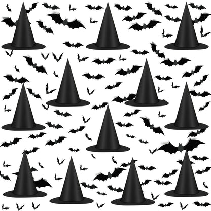 Famoby 12pcs Halloween Black Witch Hat with 157 FT Nylon Cord &120pcs Bat Sticker for Indoor Outdoor Home Yard Porch Ceiling Halloween Party Decorations