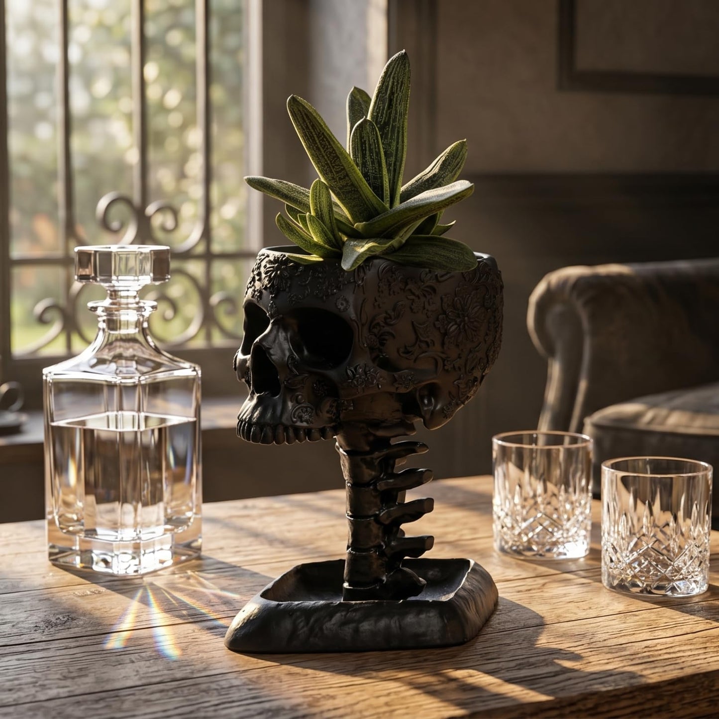 GUTE Skull Planter Pot, Makeup Brush & Pen Holder - Black Skeleton Backbone Plant, 6" Deep Polyresin Strong for Succulents Plants & Flowers - Spooky Skulls Home Decor Serving