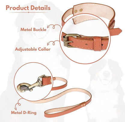 Lightnpro 21" Adjustable Tan Leather Dog Collar & Leash Set - Durable Soft Leather Collar with Leash - Comfortable, Heavy-Duty Walking & Training Gear for Large Breeds
