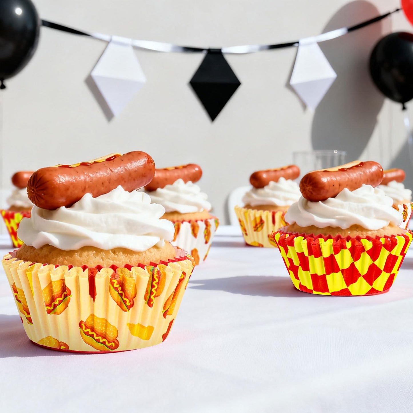 FYSUIMU 300Pcs Hotdog Cupcake Liners Hot Dog Day Baking Cups Standard Muffin Cupcake Wrappers for Summer Holiday Birthday Theme Party Supplies