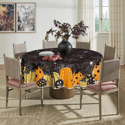 Horaldaily Halloween Tablecloth 70x70 Inch Round, Jack-O-Lantern Pumpkin Cobweb Scary Themed Black Washable Table Cover for Party Picnic Dinner Decor