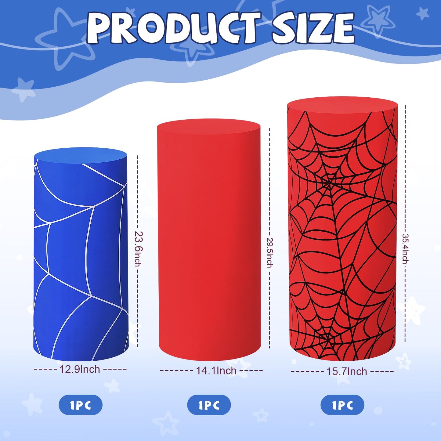 Mindsoft Set of 3 Spider Themed Spandex Cylinder Stand Covers for Carnival Party, Red Blue Cylinder Pedestal Cover, Dessert Table Display for Birthday Baby Shower Backdrop Decor(Spider)