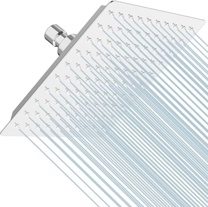 BESy 8 Inch Rain Shower Head, 8" Square Rainfall & High Pressure Stainless Steel Bath Shower Head, 1/16" Ultra Thin, Waterfall Full Body Coverage with Silicone Nozzle, Polished Chrome