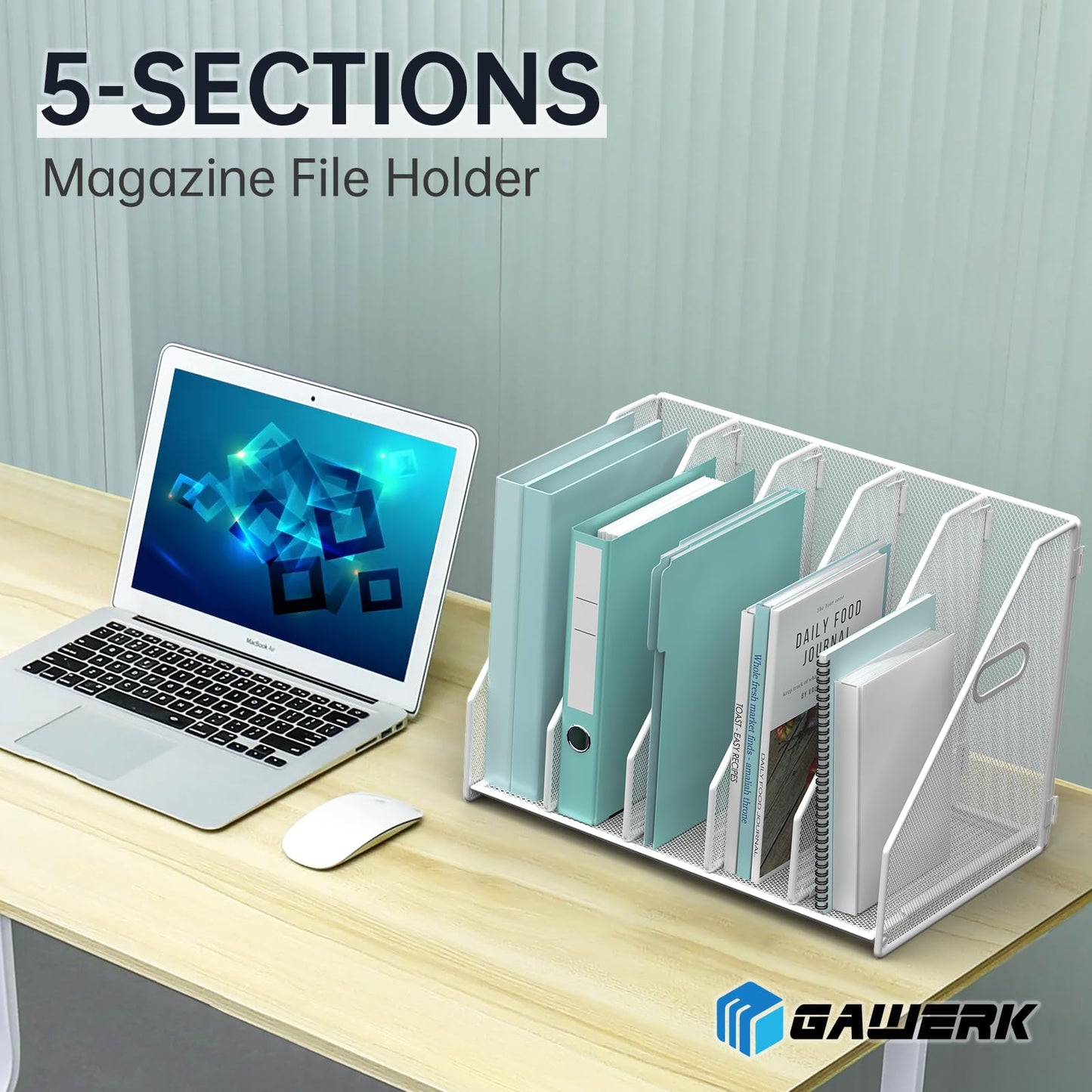 MINDEPOT Desk File Organizer Metal Desk Magazine Folder Holder with 5 Vertical Compartments Rack File Organizer for Office, Home, School (White)