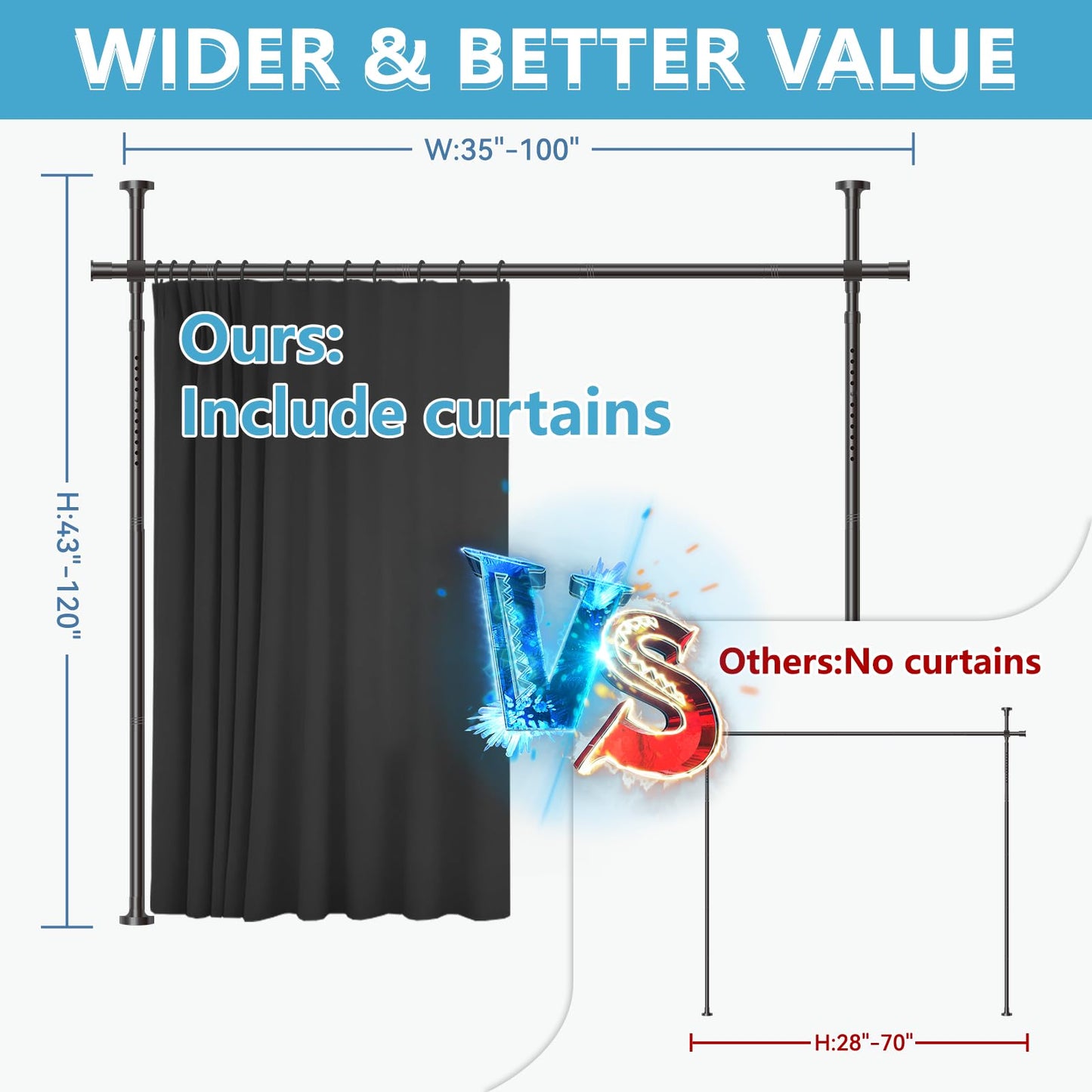 JILRON No-Drill Room Divider Curtain Set: Includes 106" W x 84" L Black Curtain & Adjustable Pole Brackets (35-100" W x 43-120" H Adjustable Range)