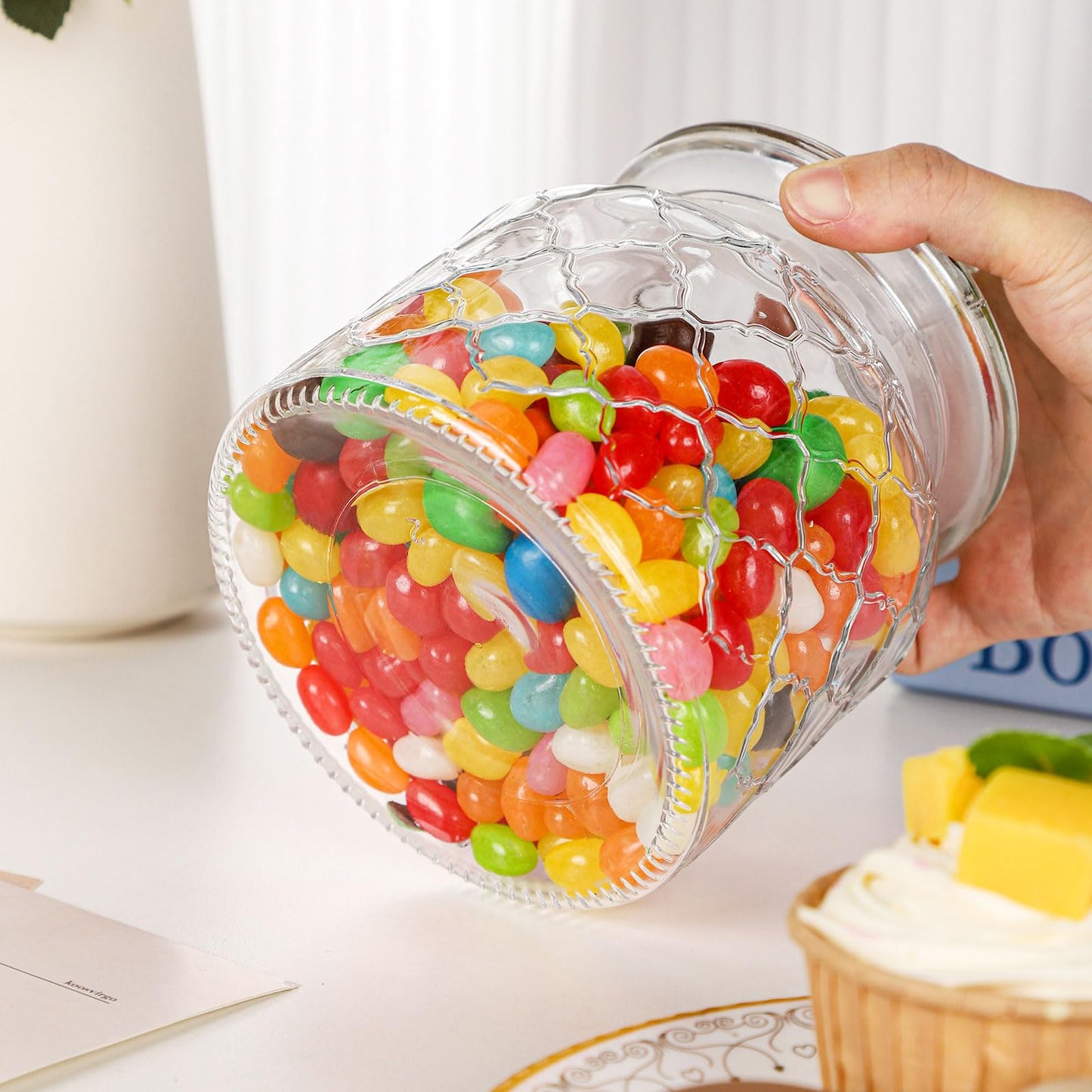 WHJY Set of 2 Airtight Glass Jars, 45oz Jar of Hearts Cute Cookie Jar Decorative Jars with Lids Candy Jars for Candy Buffet Heart Shaped Lid - Stripes Textured
