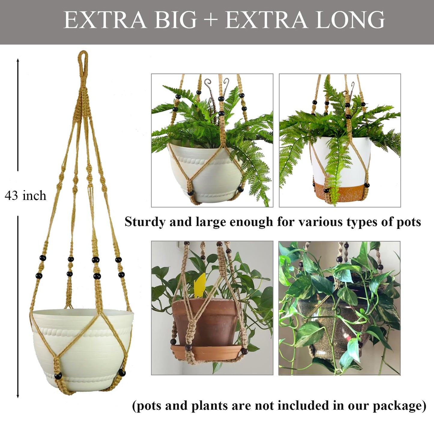 Bouqlife 43 Inches Macrame Plant Hanger Large for 14 inch Pot Extra Long No Tassel Rope Hanging Plant Holder with Ceiling Hook Bohemian Home Décor Brown 2Pack