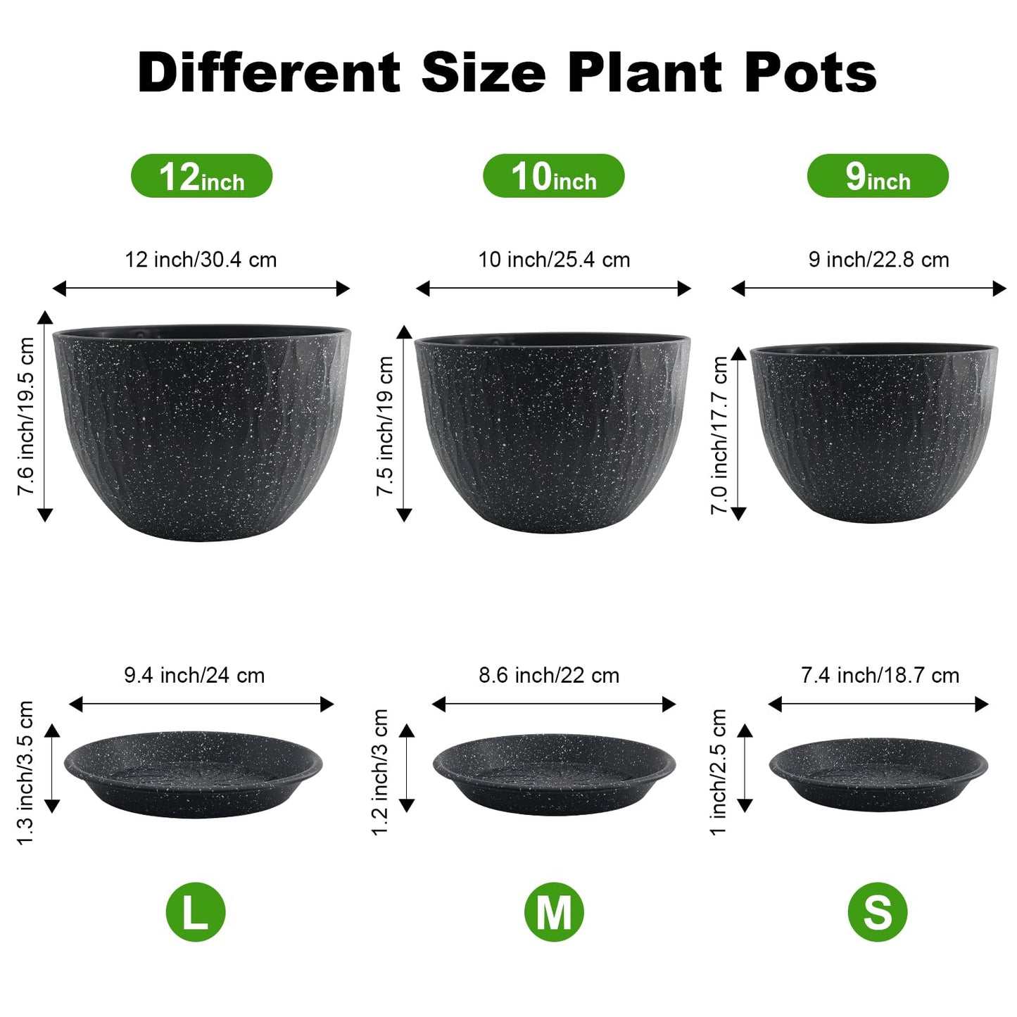 GDJUQZ 12/10/9 inch Plant Pots, 3 Pack Flower Pots for Outdoor Indoor Garden Plants, Large Planters with Multi Mesh Drainage Holes and Saucer (Speckled Black, 12"+10"+9")