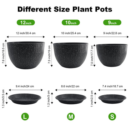 GDJUQZ 12/10/9 inch Plant Pots, 3 Pack Flower Pots for Outdoor Indoor Garden Plants, Large Planters with Multi Mesh Drainage Holes and Saucer (Speckled Black, 12"+10"+9")