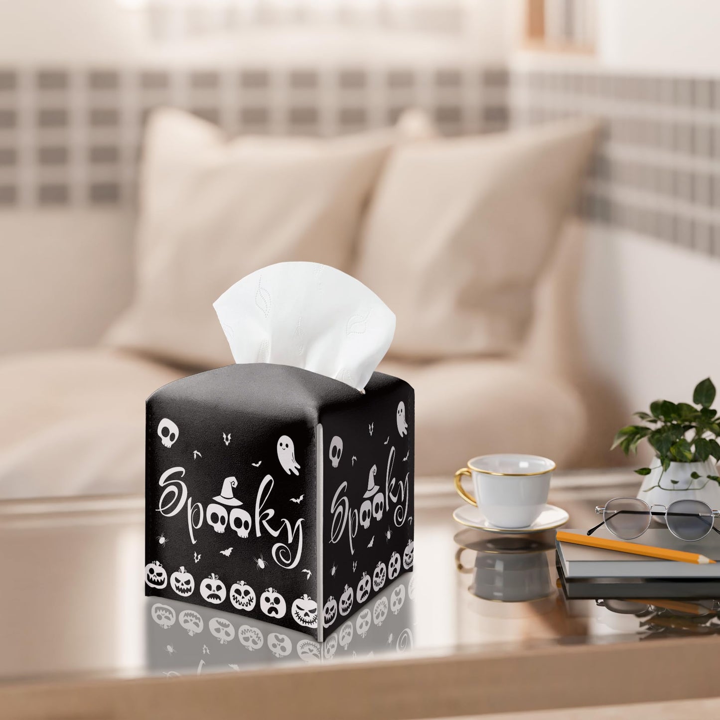 Halloween Tissue Box Holder, Black Spooky Pumpkin Leather Tissue Box Cover Square, Horror Facial Paper Organizer Dispenser Toilet Paper Holder for Bathroom Kitchen Office Home Decor-A10