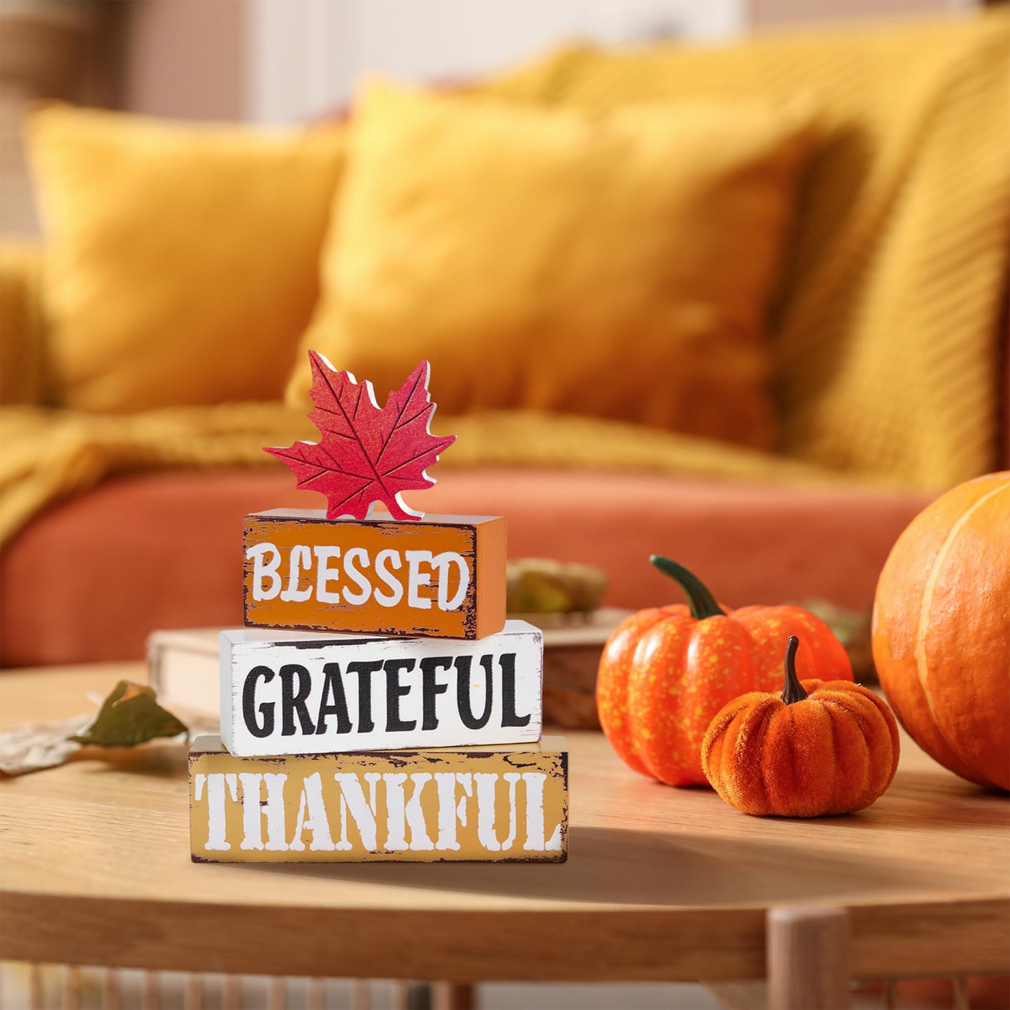 OLANRUN Thanksgiving Fall Decorations for Home, 4 PCS Wooden Fall Table Decor with Letter, Handmade Crafts Autumn Thanksgiving Decor Indoor for Office Farmhouse Home Bedroom Kitchen Mantel Tiered Tray