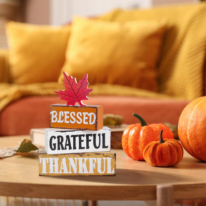 OLANRUN Thanksgiving Fall Decorations for Home, 4 PCS Wooden Fall Table Decor with Letter, Handmade Crafts Autumn Thanksgiving Decor Indoor for Office Farmhouse Home Bedroom Kitchen Mantel Tiered Tray
