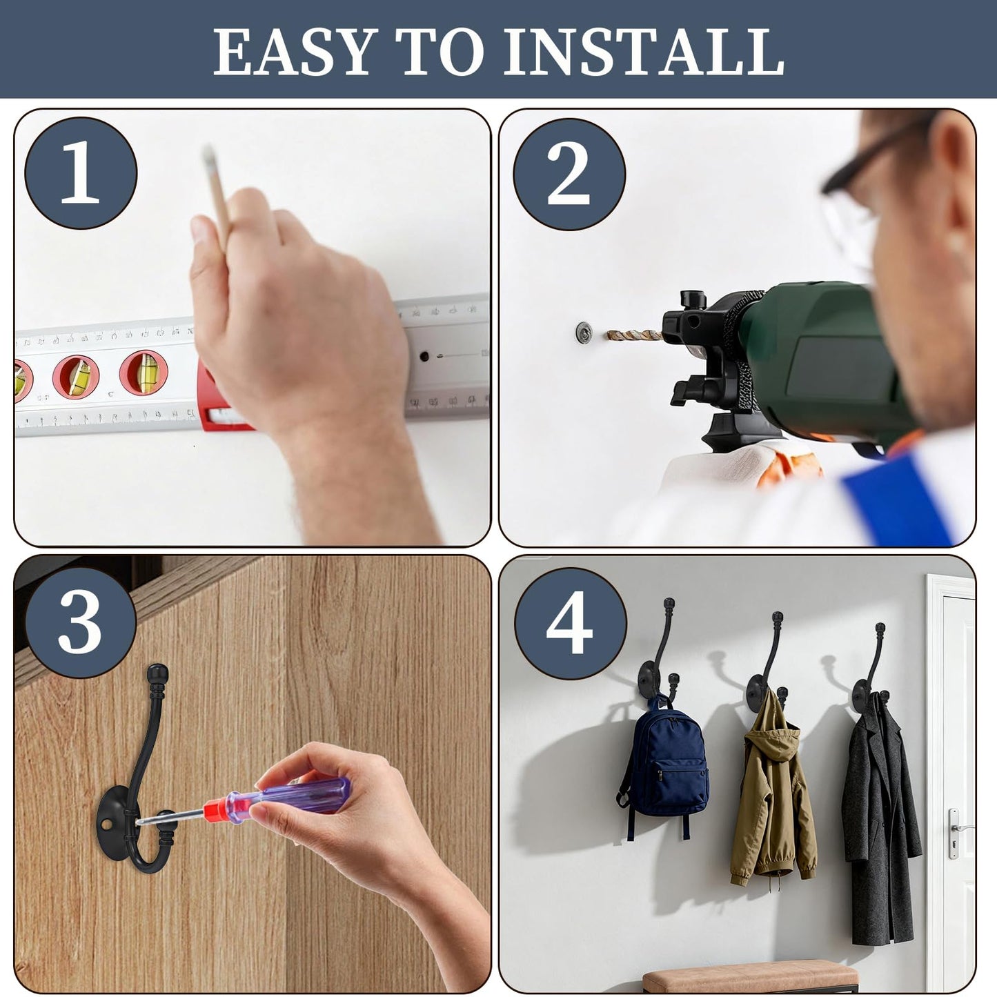 CBWLWJ 6 Pack Heavy Duty Wall Hooks for Hanging, Metal Coat Hooks Wall Mount, Easy to Install, Ideal for Living Room, Bathroom, Kitchen, Bedroom (Black)