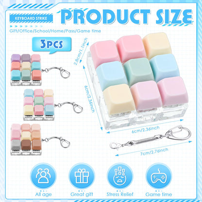 Halloscume 3 Pcs Keyboard Adult Fidget Clicker 9-in-1keyboard Fidget Keychain Cube Mechanical Key Button Clicker Stress Relief Gift for Office Home to Pass The Time (Pastel Colors)