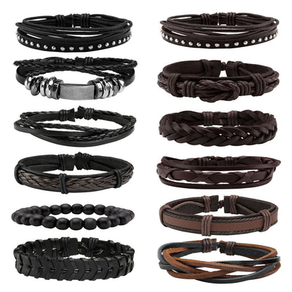 Eigso 12 Pcs Men's Braided Leather Bracelets Vintage Country Cowboy Bracelet for Man Brown Wood Wristband