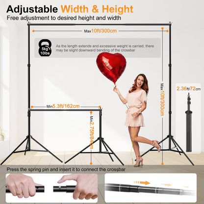 GLOSHOOTING Backdrop Stand, Photo Video Studio 10 x 10FT Adjustable Backdrop Stand, Background Support System Kit with 2 Crossbars, 6 Clamps, 2 Sandbags and Carry Bag for Photography Parties Wedding