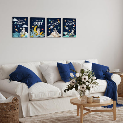 LoveHouse Space Wall Art Astronaut Kids Room Wall Decor Inspirational Quotes Canvas Prints Cosmic Painting for Nursery Classroom (Deep Blue)