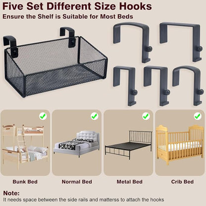Bedside Shelf Bunk Bed Organizer Shelf Hanging Storage Metal Basket Phone Holder for Bedroom,Dorm,Office - Easy Use for Both Adult and Kids (Black)