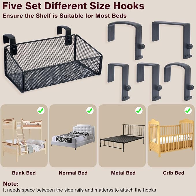 Bedside Shelf Bunk Bed Organizer Shelf Hanging Storage Metal Basket Phone Holder for Bedroom,Dorm,Office - Easy Use for Both Adult and Kids (White)