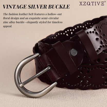 XZQTIVE Women Plus Size Leather Belt for Jeans Dresses Pants Hollow Flower Waist Belts with Solid Pin Buckle