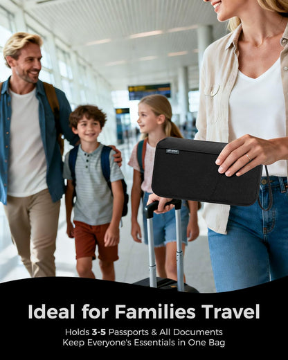 pack all Travel Passport Holder with RFID Blocker, Water-Resistant Passport Wallet with Wrist Strap, Multiple Family Airplane Document Organizer for Cards, Boarding Pass, ID, Cash, Tickets