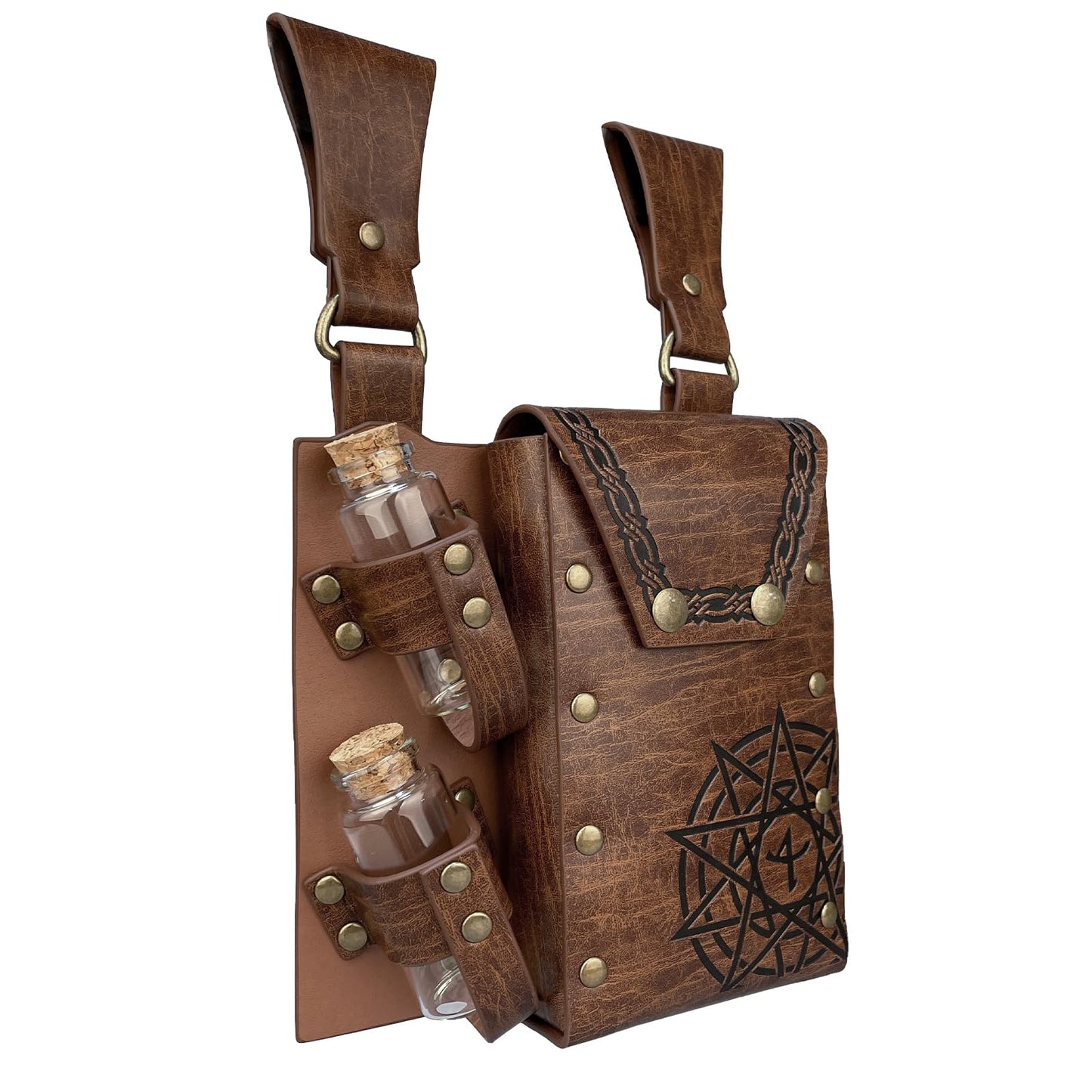 HiiFeuer Medieval Alchemy Faux Leather Belt Bag with 2 Cork Potion Vials, Fantasy Wizard Waist Pouch Side Pack for Ren Faire (Light Brown B)