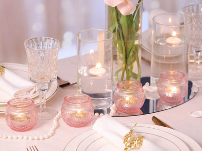 LAMORGIFT 24 Pcs Pink Candle Holder for Bridal Shower, Wedding Table Decorations- Floral Style Pink Votive Candle Holder, Centerpieces for Birthday, Engagement Party Decor