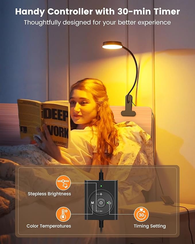 Glocusent 5W 36 LED Reading Clip on Light for Bed, Eye Caring Bed Lamp, 3 Colors & 5 Brightness Levels for Headboard with Adapter, Perfect for Reading, Working & Studying (Black)