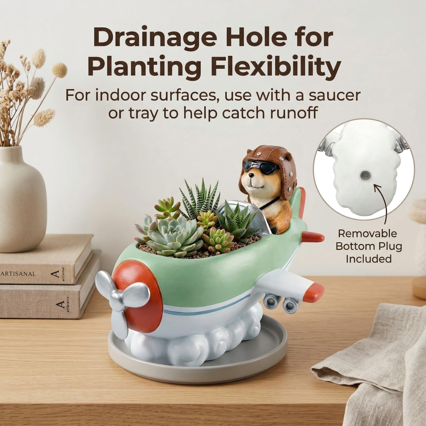 KREATIA Groundhog Pilot Airplane Planter with Drainage Hole, Resin Decorative Plant Pot for Succulents, Air Plants or Faux Greenery, Desk Shelf Windowsill Home Office Decor, 8.8 Inch