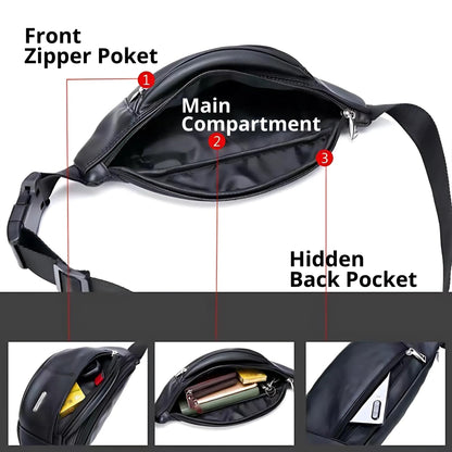 Genuine Leather Fanny Pack Bum Bag for Men – Crossbody Sling Waist Bag with 3 Pockets & Hidden Anti-Theft Pocket, Adjustable Strap, Lightweight Travel Hip Bag for Hiking, Outdoor & Daily Use (Oxblood)