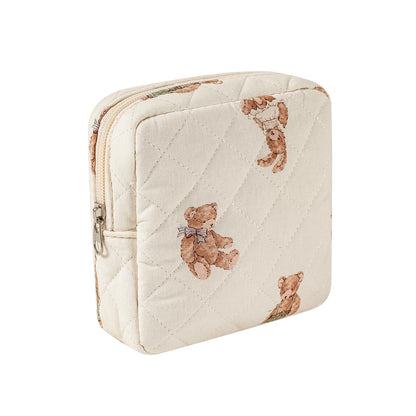 RSRSLEII Small Quilted Cosmetic Pouch for Purse, Mini Cotton Makeup Bag with Compartments, Cute Zipper Lipstick Holder for Women (01Bear)