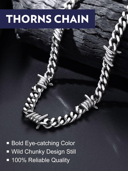 Bandmax Barbed Wire Chain Choker Necklace 16Inch 9MM Stainless Steel Barb Wire Link Chains Punk Emo Gothic Alt Grunge Street Style Thorn Chain Jewelry for Men Women