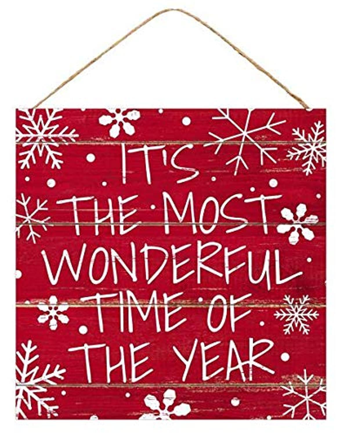 The Most Wonderful Time Christmas Sign - 10" x 10", Red, White Snowflakes, Wreath Decoration, Home Xmas Decor, Kitchen, Bathroom, Wall Art