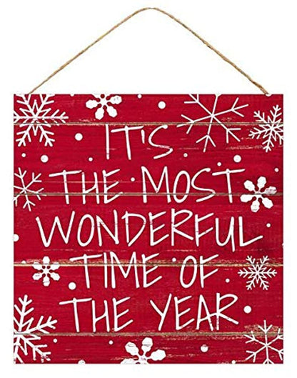 The Most Wonderful Time Christmas Sign - 10" x 10", Red, White Snowflakes, Wreath Decoration, Home Xmas Decor, Kitchen, Bathroom, Wall Art