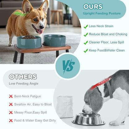 SPUNKYJUNKY Ceramic Elevated Dog Bowls Raised with Acacia Bamboo Wooden Stand, 6.1'' Dog Cat Food Water Bowls Set Non-Slip for Small Medium Sized Breed Microwave Dishwasher Safe - 28.7 OZ,Dark Green