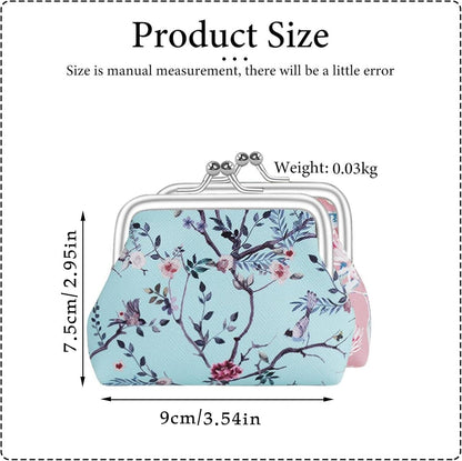FuninCrea 2 Pcs Faux Leather Coin Purse for Women with Kiss Lock, Floral Pattern Change and Coin Wallet Double Clasp Closure Mini Wallet for Cash Key (Blue+Dark Pink)