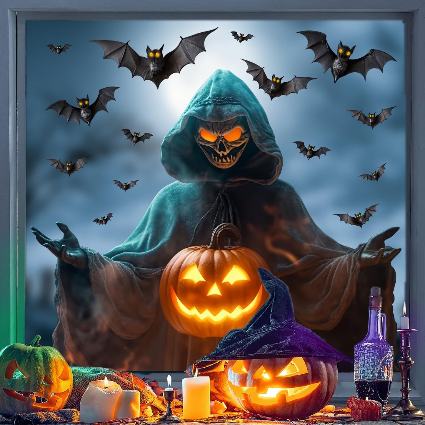 Halloween Window Decorations Clings Large Ghost Decals for Glass Door Double Sided Scary Window Decal Removable Indoor Halloween Party Supplies Spooky Bats Static Decal for Home Office Holiday Decor