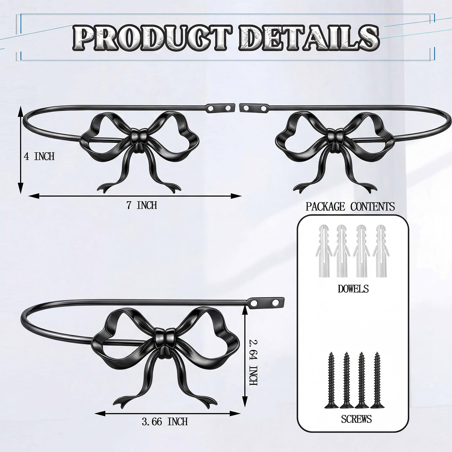 Otoolling 2 Pack Black Metal Bow Curtain Holdbacks Wall Mounted Curtain Hold Backs Curtains Modern Tiebacks Decorative Window Drapery Tiebacks with Bow Finials for Living Room Bedroom Office Home