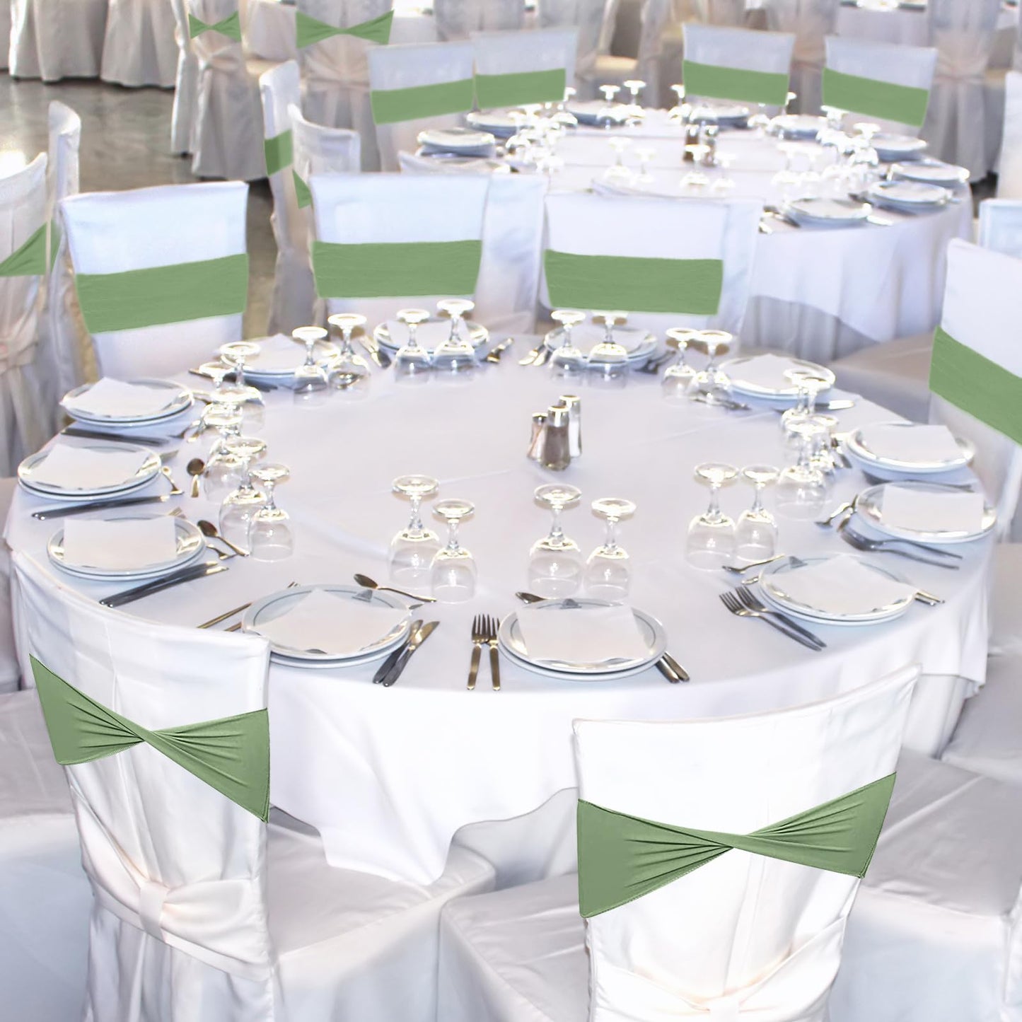 Kinlop 150 Pcs Spandex Chair Sashes Bows Stretch Chair Cover Bands Elastic Ties Bands Slider Sashes Without Buckle Decorations for Wedding Party Events Ceremony Birthday(Sage Green)