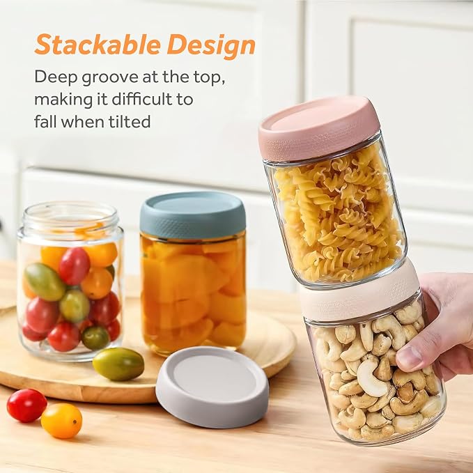 16 oz/480 ml Glass Storage Canister with Airtight Lid, 4 Pack Clear Overnight Oats Containers, Cute Decorative Mason Salad Jar for Snacks, Yogurt, Cereal, Fruit, Spice, Sugar, Coffee, Tea