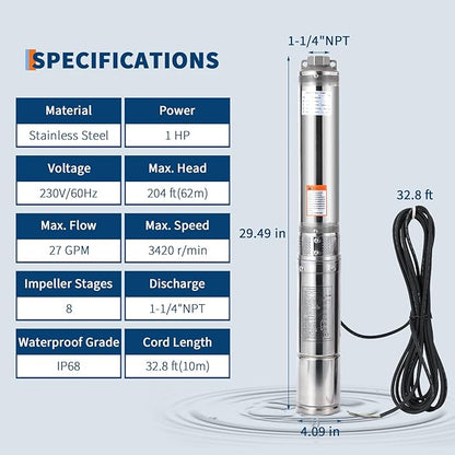 Deep Well Submersible Pump, 1HP 230V/60Hz, 27GPM Flow 204ft Head, with 33ft Electric Cord & Check Valve, 4" Stainless Steel Water Well Pump for Industrial,Irrigation,Home Use, IP68 Waterproof Grade