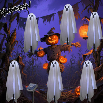 6 in 1 Halloween Decorations Outdoor, Solar Ghost Pathway Lights, Waterproof, LED Light Up Spooky Ghost Decor for Front Door Porch Garden Yard Lawn Patio Halloween Party