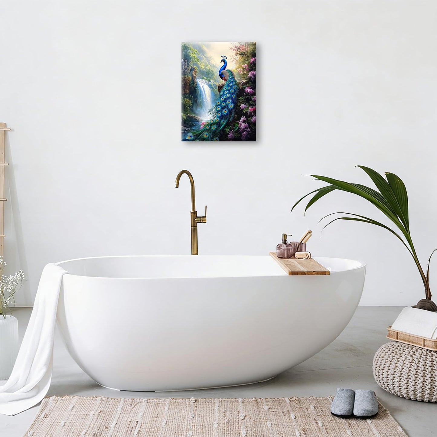 Peacock wall art, Flower Waterfall Pictures Wall Decor, Peacock Canvas Prints Painting, Framed Fashion Artwork for Bathroom Bedroom Living Room Kitchen Dinning Room Office Home Decoration 12x16