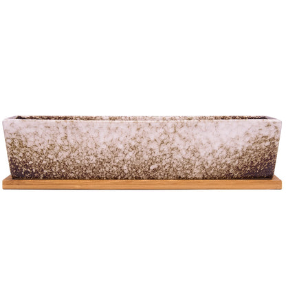 Succulent Pots - Large Succulent Planter Pots with Drainage, 12 Inch Long Rectangle Bonsai Pot with Bamboo Tray Shallow Ceramic Cactus Flower Planter Window Box for Home Garden Decor (White)