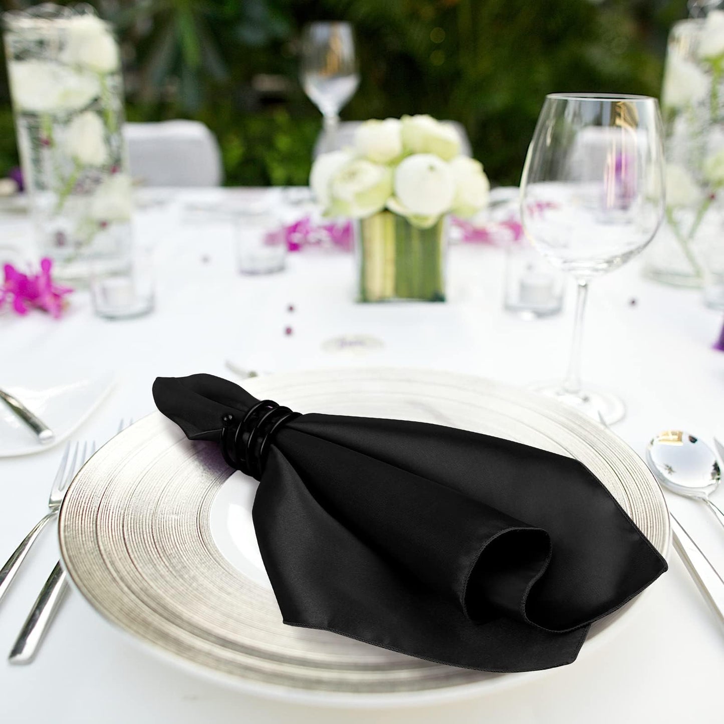 MCEAST Satin Cloth Napkins and Napkin Rings Set of 8, Smooth Fabric Table Napkins and Napkin Holder for Wedding, Birthday Dinner Party, Family Gatherings, Table Decor (Black, 17 x 17 Inches)
