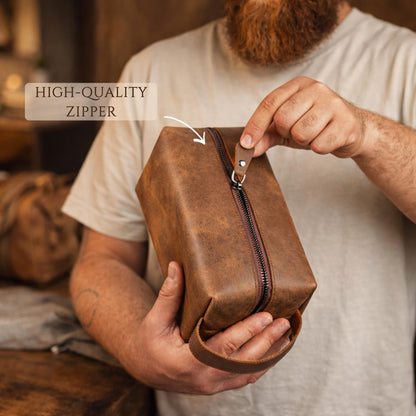 Personalized Leather Toiletry Bag for Men - Handmade Custom Travel Size Dopp Kit, Gift for Graduation, Husband, Boyfriend, Birthday, Wedding, Anniversary, Groomsmen, Grandpa, Him, Father’s Day Gifts