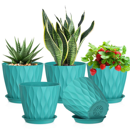Meowell 7 inch Plant Pots for Indoor Outdoor Plants, 5 Pack Thick Flower Pots with Drainage Holes and Saucers, 3D Modern Wave Texture Plastic Planter Pots for Nursery and House Plants, Blue Green