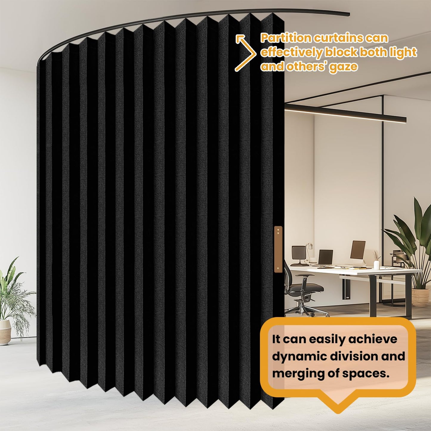 JILRON Accordion-Style Room Divider with Ceiling Track - Foldable Partition Curtain, Easy Installation(Black 100" W x 84" L-Pack of 1)