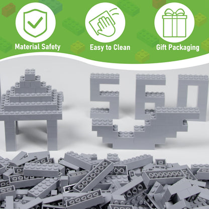 Cabeeskii 560 Pieces Gray Classic Building Blocks Bulk with 2 Base Plates, Building Bricks in 7 Size, Compatible with All Major Bricks, for Kids & MOC Lovers